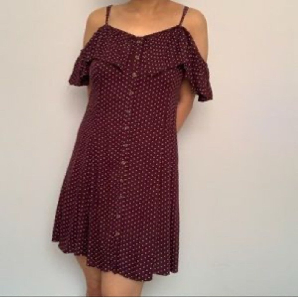 American Eagle Burgundy Polka Dot Cold Shoulder Button Front Mini‎ Dress 00